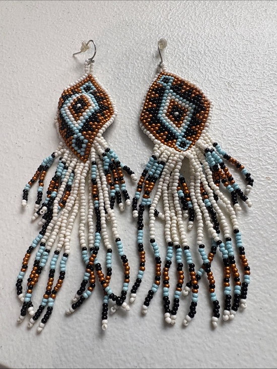 shadow canyon Jewelry - Handmade Beaded Fringe Earrings - White, Light Blue, Copper, Black